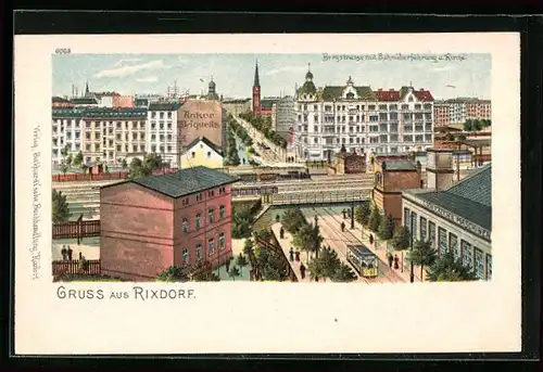 Lithographie Rixdorf, Bergstrasse mit Bahnüberführung, Kirche und Strassenbahn