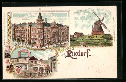 Lithographie Berlin-Rixdorf, Gasthaus Behrendl`s Rollkrug, Rathaus, Windmühle