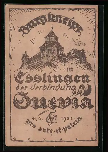 Künstler-AK Esslingen, Burgkneipe der Verbindung Suevia 1921