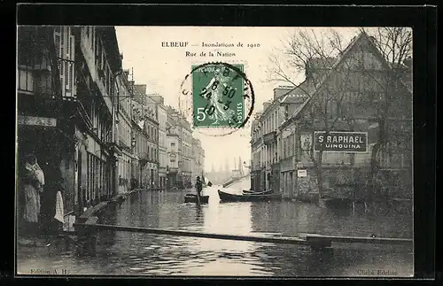 AK Elbeuf, Inondations de 1910, Rue de la Nation, Hochwasser