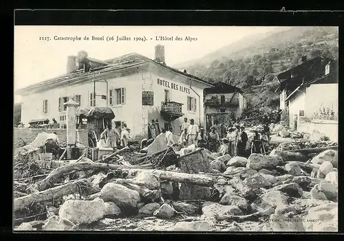 AK Bozel, Zerstörungen nach Hochwasser vom 16.7.1904, Hotel des Alpes