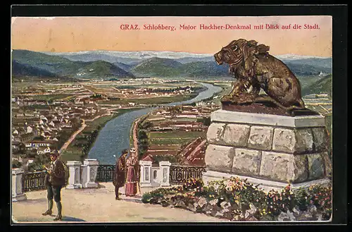 AK Graz, Schlossberg, Major Hackher-Denkmal mit Blick auf die Stadt