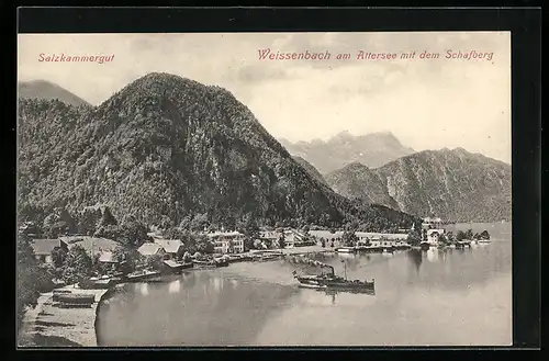 AK Weissenbach am Attersee, Teilansicht mit Schafberg