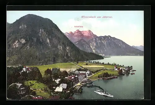 AK Weissenbach, Ortsansicht mit Attersse, Schafberg