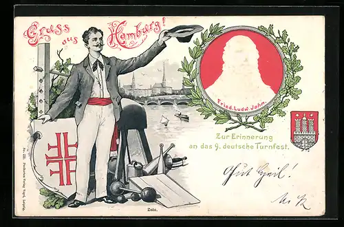 AK Hamburg, Turnfest 1898, Turner mit Reck und Bock vor Stadtpanorama, Turnvater Jahn, Stadtwappen