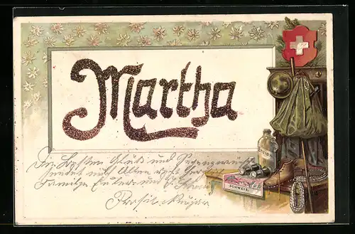 Lithographie Wanderausrüstung zum Bergsteigen, Name Martha