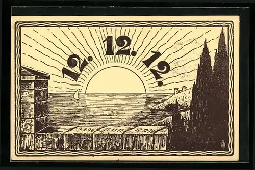 Künstler-AK Datum 12. 12. 12, Sonnenuntergang