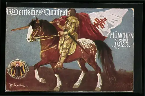 AK München, 13. Deutsches Turnfest 1923, Reiter mit Fahner, Münchener Kindl