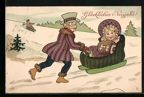 AK Mann schiebt Mädchen auf dem Schlitten, Neujahrsgruss