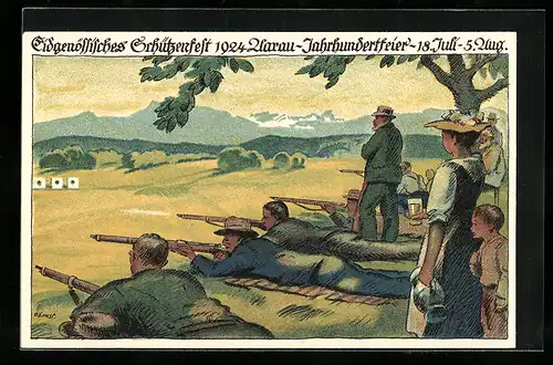 Lithographie Aarau, Eidgenössisches Schützenfest 1924, Jahrhundertfeier, Schützen zielen auf Schiessscheiben