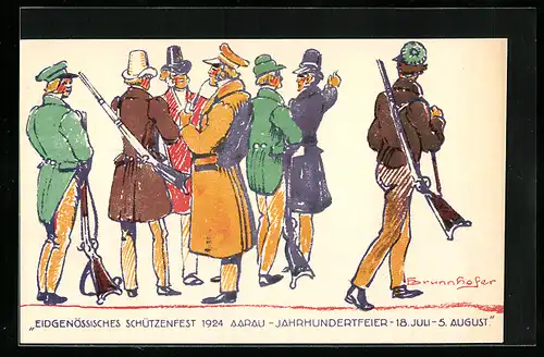 Lithographie Aarau, Eidgenössisches Schützenfest 1924, Jahrhundertfeier, Schützen mit umgehängten Gewehren