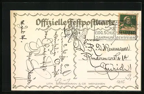 Lithographie Aarau, Eidgenössisches Schützenfest 1924, Jahrhundertfeier, Schützen mit umgehängten Gewehren
