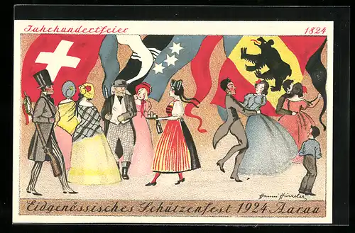 Lithographie Aarau, Eidgenössisches Schützenfest 1924, Jahrhundertfeier, Tanzveranstaltung unter Fahnen