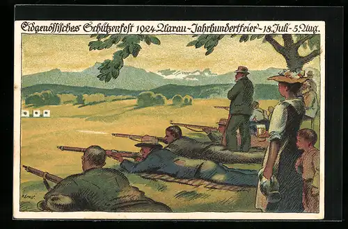 Lithographie Aarau, Eidg. Schützenfest 1924 & Jahrhundertfeier 1824-1924, Schützen zielen mit Gewehren auf Zielscheiben