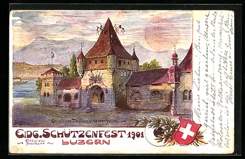 Künstler-AK Luzern, Eidgenössisches Schützenfest 1901, Empfangs-Pavillon und Gabenhallen