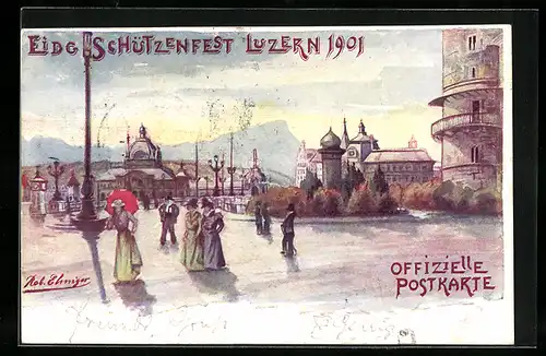 Künstler-AK Luzern, Eidgen. Schützenfest 1901-Ortspartie