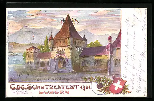 Künstler-AK Luzern, Eidgenössisches Schützenfest 1901, Empfangs-Pavillon und Gabenhallen