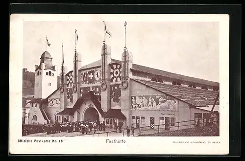 AK St. Gallen, Eidgenössisches Schützenfest 1904, Festhütte mit Turm und hineinströmendem Publikum