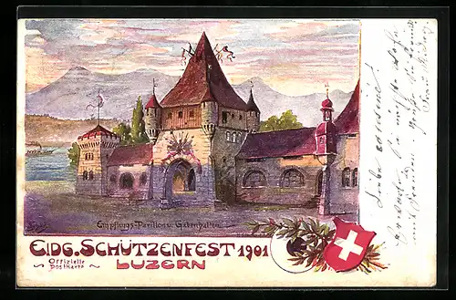 Künstler-AK Luzern, Eidgenössisches Schützenfest 1901, Empfangs-Pavillon und Gabenhallen