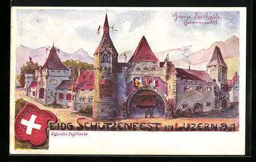 AK Luzern, Eidgenössisches Schützenfest 1901, Grosse Festhalle, Wappen der Schweiz