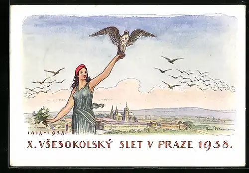 Künstler-AK Prag, Sokol 1938, Junge Dame lässt Falke vor Stadtkulisse fliegen