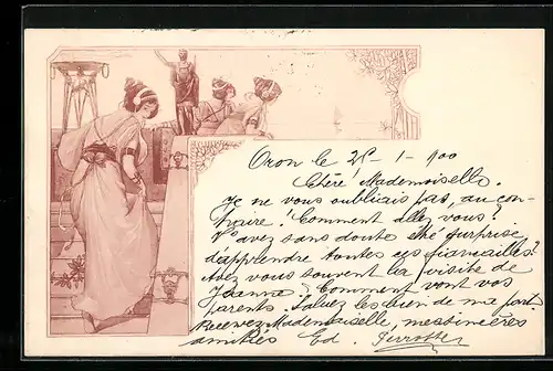 Künstler-AK Damen in antiken Gewändern blicken auf einen See, Jugendstil