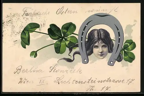 Lithographie Mädchenkopf mit Glücksklee und Hufeisen, Jugendstil