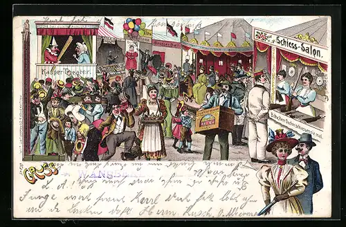 Lithographie Heidelberg, Heidelberger Mess mit Schiess-Salon, Kasper-Theater und Leierkastenmann