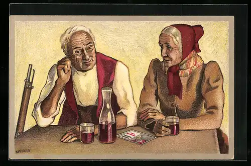 Künstler-AK 100 Jahre Schweizerischer Schützenverein-Frau und Mann mit Gewehr am Tisch sitzend