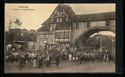 AK Hamburg, 16. Bundesschiessen 1909, Festzug, St. Pauli mit Kasperle-Theater