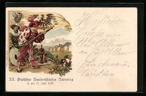 Lithographie Nürnberg, XII. Deutsches Bundesschiessen 1897, Schützenfest, Ganzsache