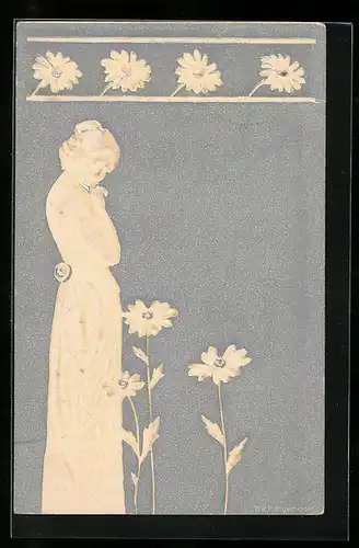 Präge-Lithographie Maid mit Dutt im leichten Gewand, Jugendstil
