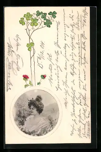 Präge-Lithographie Fräulein mit Dutt im Garten, Jugendstil