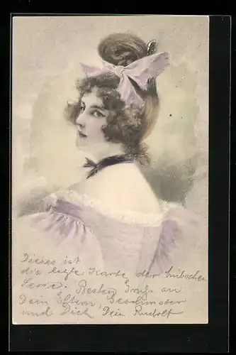 Lithographie Fräulein im blass lila Kleid mit passender Schleife im Haar, Jugendstil