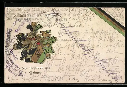 AK Coburg, Casimiriana sei`s Panier!, Gegr. 16. Februar 1861, Studentenwappen