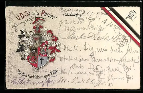 AK Marburg, V.D.St. sei`s Panier!, Mit Gott für Kaiser und Reich!, Studentenwappen