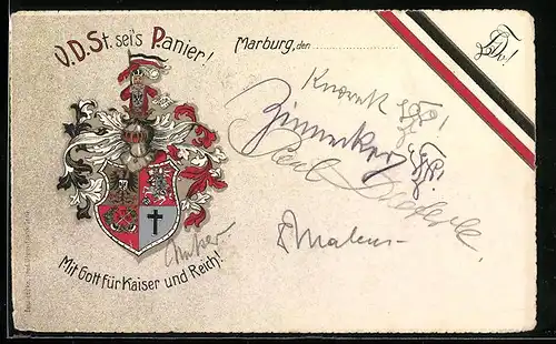 AK Marburg, V.D.St. sei`s Panier!, Mit Gott für Kaiser und Reich!, Studentenwappen