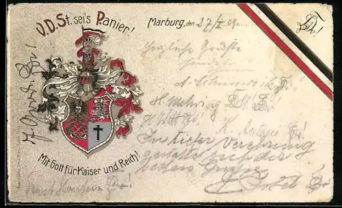 AK Marburg, V.D.St. sei`s Panier!, Studentenwappen, Mit Gott für Kaiser und Reich!