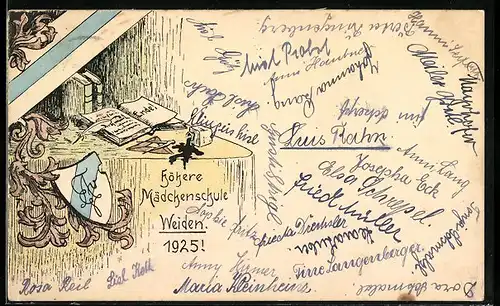 Künstler-AK Weiden, Höhere Mädchenschule 1925, Studentenwappen