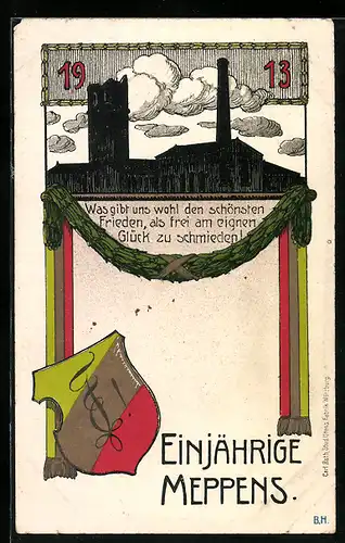 Künstler-AK Meppen, Einjährige 1913, Wappen