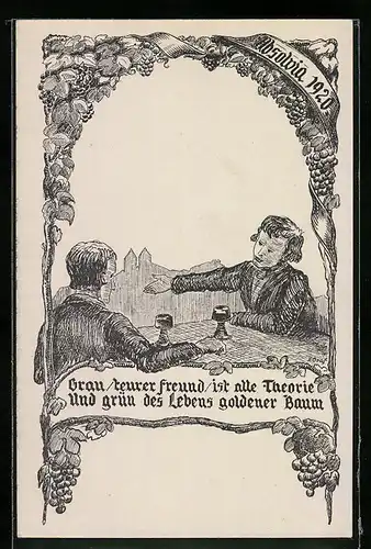 Künstler-AK Freising, Lehrer-Absolvia 1920, Männer beim Wein