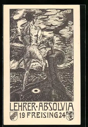 Künstler-AK Freising, Lehrer-Absolvia 1924, Nackter am Ruder eines Bootes