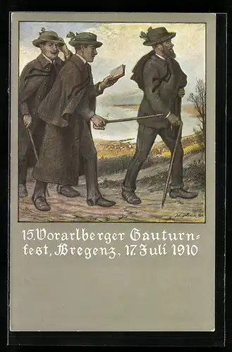 Künstler-AK Bregenz, 15. Vorarlberger Gauturnfest 1910, Männer mit Wanderstöcken