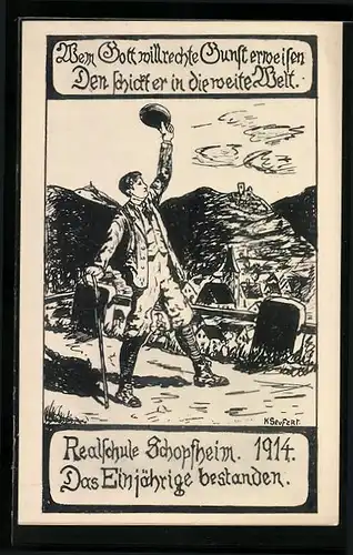 Künstler-AK Schopfheim, Absolvia der Realschule 1914, Absolvent zieht in die Welt