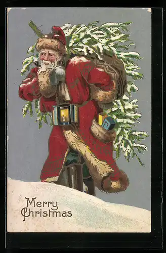 Seiden-AK Merry Christmas, Weihnachtsmann mit Tannenbaum