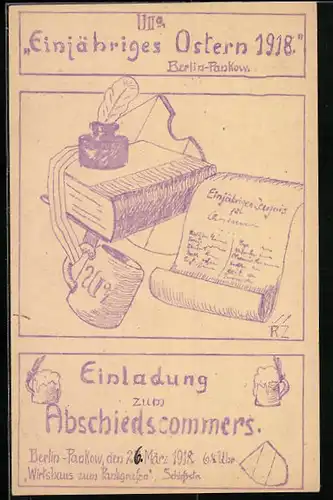 AK Einjähriges Ostern 1918, Einladung zum Abschiedscommers