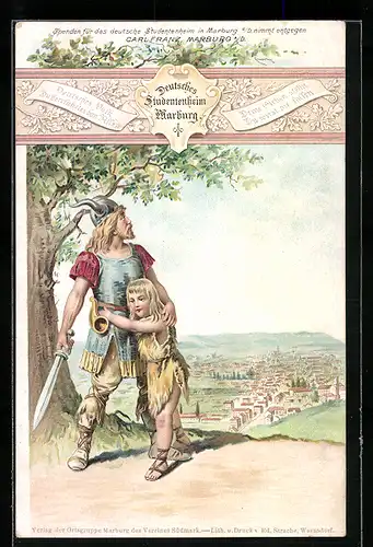 Künstler-AK Maribor / Marburg, Deutsches Studentenheim, germanischer Gott mit Kind unter einer Eiche