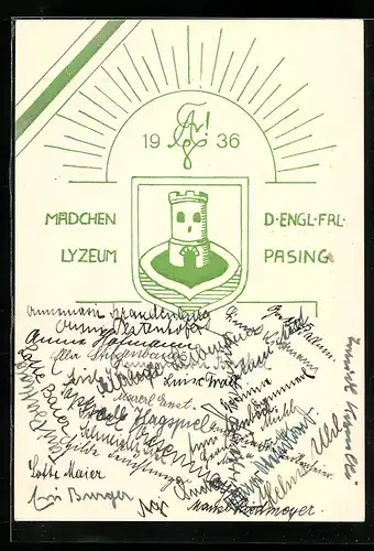 AK München-Pasing, Mädchen Lyzeum der Engl. Fräulein 1936, Studentenwappen