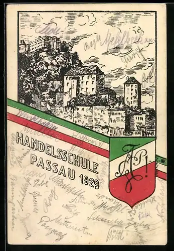 Künstler-AK Passau, Handelsschule 1929, Studentenwappen