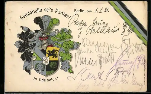 AK Studentenwappen der Guestphalia mit Motto In fide salus!, Banderole